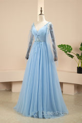 Pretty Light Blue A-Line Puffy Sleeves Party Dresses, Light Blue Evening Dresses Evening Prom Dresses