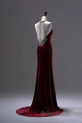 Pretty Mermaid Burgundy Velvet Long Backless Evening Dresses Evening Prom Dresses