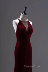 Pretty Mermaid Burgundy Velvet Long Backless Evening Dresses Evening Prom Dresses