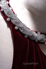 Pretty Mermaid Burgundy Velvet Long Backless Evening Dresses Evening Prom Dresses