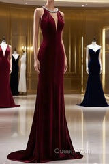 Pretty Mermaid Burgundy Velvet Long Backless Evening Dresses Evening Prom Dresses