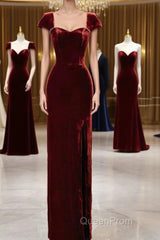 Pretty Mermaid Burgundy Velvet Slit Evening Dresses Evening Prom Dresses