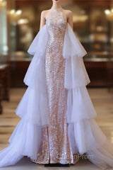 Pretty Mermaid High Neckline Sequin Beads Long Evening Prom Dresses Formal Evening Dresses