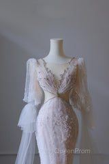 Pretty Mermaid Long Sleeves Pink Evening Prom Dresses Evening Gowns