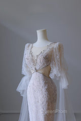 Pretty Mermaid Long Sleeves Pink Evening Prom Dresses Evening Gowns