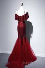 Pretty Mermaid Off The Shoulder Burgundy Sequin Long Evening Dresses Evening Prom Dresses
