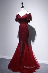 Pretty Mermaid Off The Shoulder Burgundy Sequin Long Evening Dresses Evening Prom Dresses