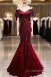 Pretty Mermaid Off The Shoulder Burgundy Sequin Long Evening Dresses Evening Prom Dresses