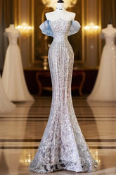 Pretty Mermaid Off The Shoulder Sequin Blue Long Evening Prom Dresses Evening Gowns