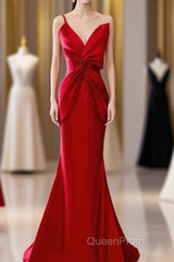 Pretty Mermaid One Shoulder Red Satin Long Evening Dresses Evening Prom Dresses