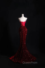 Pretty Mermaid Spaghetti Straps Sequin Beads Burgundy Long Evening Prom Dresses Formal Evening Dresses