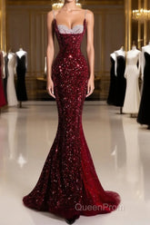 Pretty Mermaid Spaghetti Straps Sequin Beads Burgundy Long Evening Prom Dresses Formal Evening Dresses