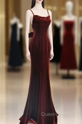 Pretty Mermaid Spaghetti Straps Wine Red Velvet Long Evening Dresses Evening Prom Dresses