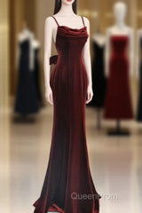 Pretty Mermaid Spaghetti Straps Wine Red Velvet Long Evening Dresses Evening Prom Dresses