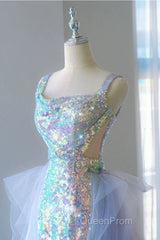 Pretty Mermaid Square Neckline Sequin Long Evening Dresses Evening Prom Dresses