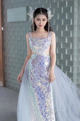 Pretty Mermaid Square Neckline Sequin Long Evening Dresses Evening Prom Dresses
