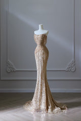 Pretty Mermaid Strapless Gold Sequin Beads Long Evening Prom Dresses Formal Evening Dresses