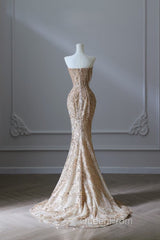 Pretty Mermaid Strapless Gold Sequin Beads Long Evening Prom Dresses Formal Evening Dresses
