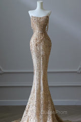 Pretty Mermaid Strapless Gold Sequin Beads Long Evening Prom Dresses Formal Evening Dresses