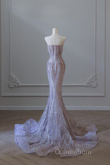 Pretty Mermaid Strapless Lilac Sequin Beads Long Evening Prom Dresses Formal Evening Dresses