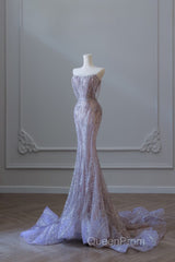 Pretty Mermaid Strapless Lilac Sequin Beads Long Evening Prom Dresses Formal Evening Dresses