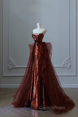 Pretty Mermaid Strapless Sequin Long Burgundy Ruffles Long Evening Prom Dresses Formal Evening Dresses