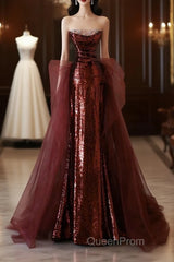 Pretty Mermaid Strapless Sequin Long Burgundy Ruffles Long Evening Prom Dresses Formal Evening Dresses