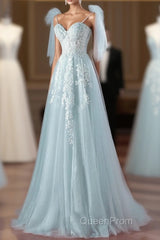 Pretty Mint Blue Tulle With Lace A-Line Long Party Dresses, Mint Blue Evening Prom Dresses Fornal Dresses