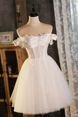 Pretty Off Shoulder Ivory Evening Prom Dresses Short, Ivory Homecoming Dresses, Formal Graduation Evening Dresses