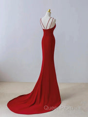 Pretty Red Mermaid Straps Long Evening Dresses With Leg Slit, Red Evening Prom Dresses