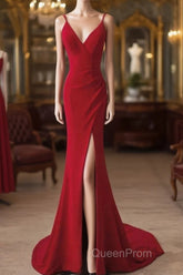 Pretty Red Mermaid Straps Long Evening Dresses With Leg Slit, Red Evening Prom Dresses