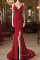 Pretty Red Mermaid Straps Long Evening Dresses With Leg Slit, Red Evening Prom Dresses