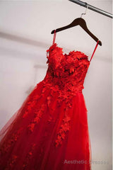 Pretty Red Sweetheart Strapless Ball Gown Applique Tulle Long Prom Dress,Party Dresses