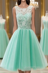 Pretty Round-Neck Lace Tulle Short Green Evening Prom Dresses, Lace Homecoming Dresses