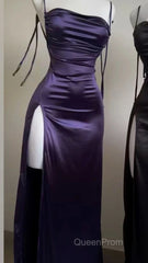 Pretty Sheath Spaghetti Straps Floor Length Ruffles Grape Slit Evening Prom Dresses
