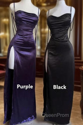 Pretty Sheath Spaghetti Straps Floor Length Ruffles Grape Slit Evening Prom Dresses