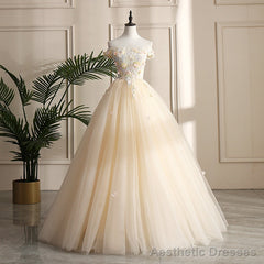 Pretty Tulle Champagne Off Shoulder Prom Dress, Flowers Lace Formal Dress