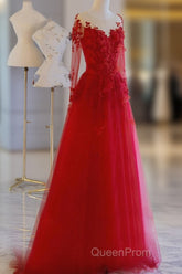 Pretty Tulle Long Evening Prom Dresses With Applique,Red Party Dresses Formal Evening Dresses