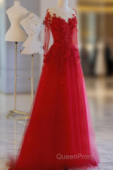 Pretty Tulle Long Evening Prom Dresses With Applique,Red Party Dresses Formal Evening Dresses