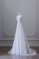 Princess A Line High Neckline White Lace Long Wedding Dresses Brides Dresses