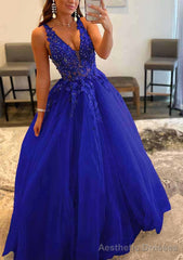 Princess A-line V Neck Sleeveless Sweep Train Tulle Prom Dresses With Appliqued Beading