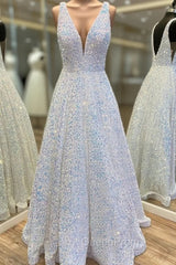 Princess A-line V Neck Sleeveless Velvet Sequins Long/Floor-Length Evening Prom Dresses With Pockets