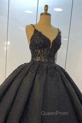 Princess Ball Gown Spaghetti Straps Beaded Black Wedding Dresses