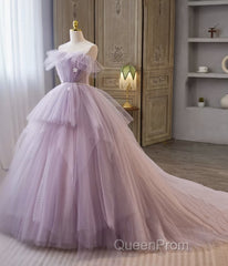 Princess Lavender Tulle Floral Long Evening Prom Dresses, Lavender Formal Evening Dresses, Purple Ball Gown