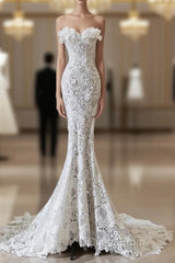 Princess Mermaid Strapless White Lace Long Wedding Dresses Brides Dresses