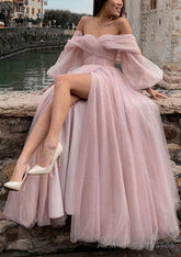 Princess Off-the-Shoulder Sweep Train Tulle Prom Dresses With Pleated Split