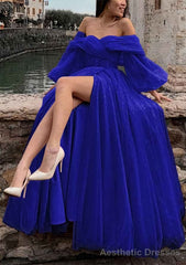 Princess Off-the-Shoulder Sweep Train Tulle Prom Dresses With Pleated Split