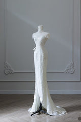 Princess Sheath High Neckline White Sequin Long Wedding Dresses Brides Dresses