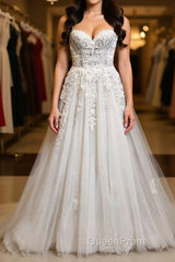 Princess Sweetheart Neck White Lace Evening Prom Wedding Dresses, Ivory Lace Formal Dresses, White Evening Dresses