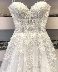 Princess Sweetheart Neck White Lace Evening Prom Wedding Dresses, Ivory Lace Formal Dresses, White Evening Dresses